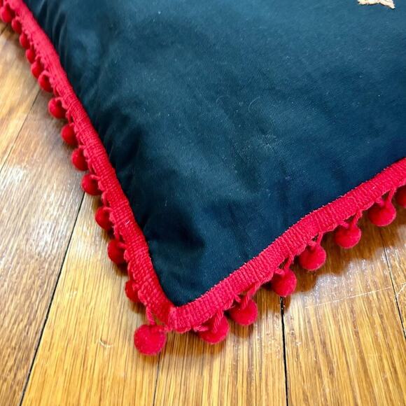 Vintage Handmade "Sweet as a Rose" Black Pillow with Red Pom Pom Trim Border - Picture 5 of 12